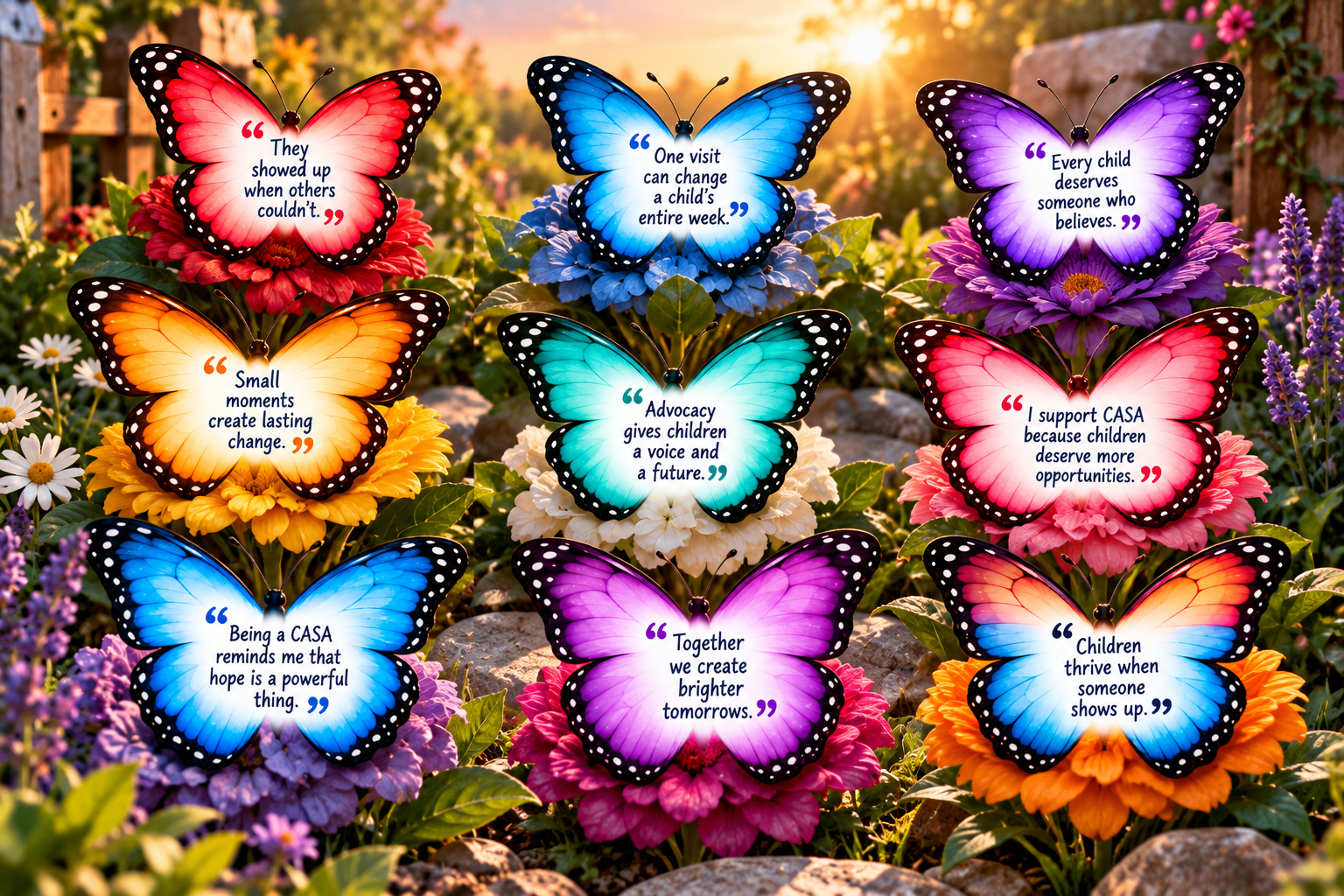 Butterflies carrying quotes from CASA supporters about advocacy and hope